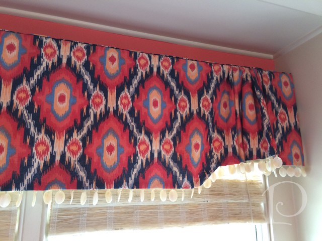 coral navy ikat window valance with capiz trim