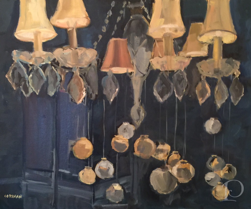 Chandlier with Christmas ornaments painting by Pamela Copeman