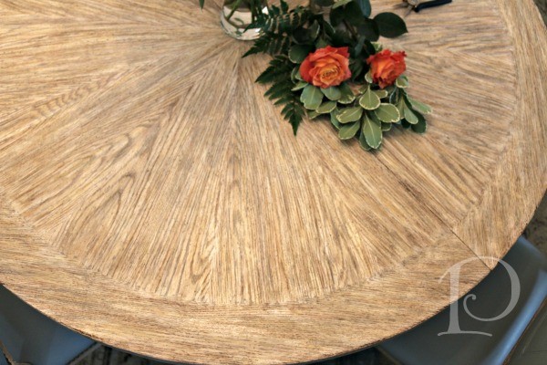 Detail of custom driftwood finish dining table by Pamela Copeman Design