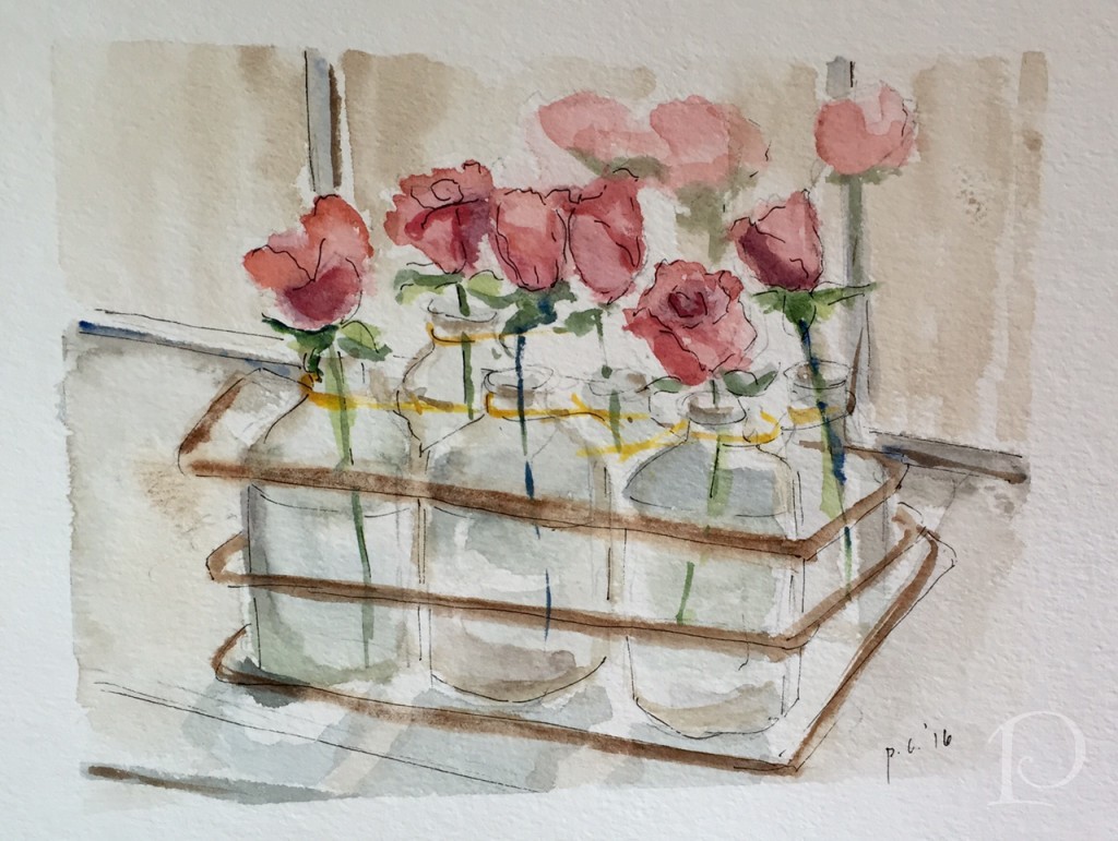 Red Roses in Emilys Kitchen watercolor by Pamela Copeman