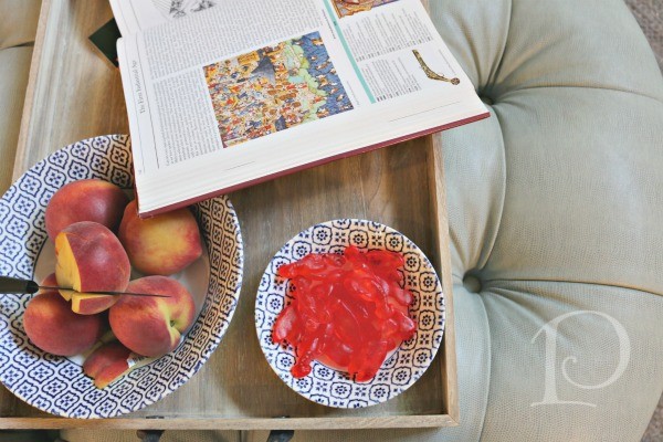 Round ottoman detail gummy lobsters Cape Cod Family Room by Pamela Copeman