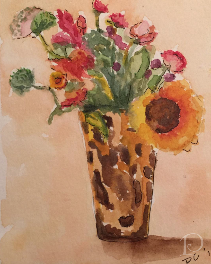 Sunflowers and Zinnias watercolor by Pamela Copeman Art