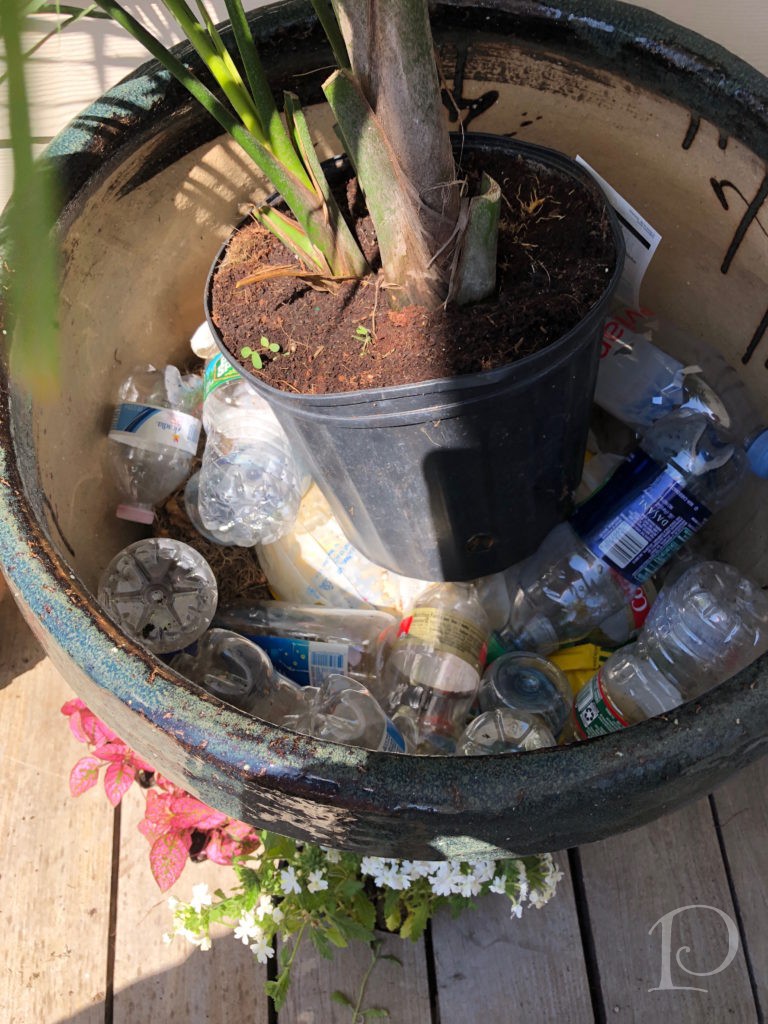 empty water bottles in container garden